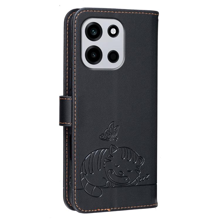 For OnePlus Turbo 6 Cat Butterfly Embossed RFID Vegan Leather Phone Case with Strap