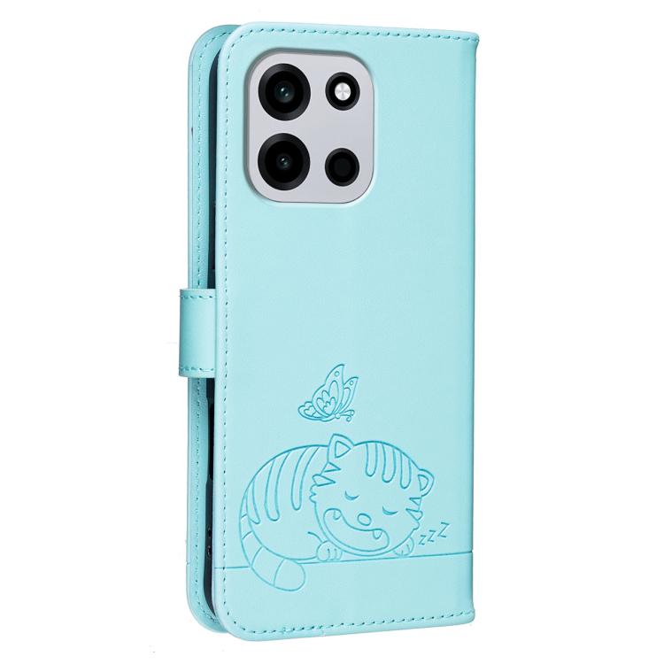 For OnePlus Turbo 6 Cat Butterfly Embossed RFID Vegan Leather Phone Case with Strap