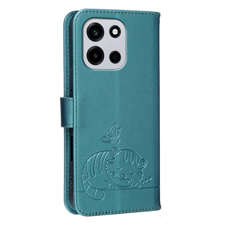 For OnePlus Turbo 6 Cat Butterfly Embossed RFID Vegan Leather Phone Case with Strap