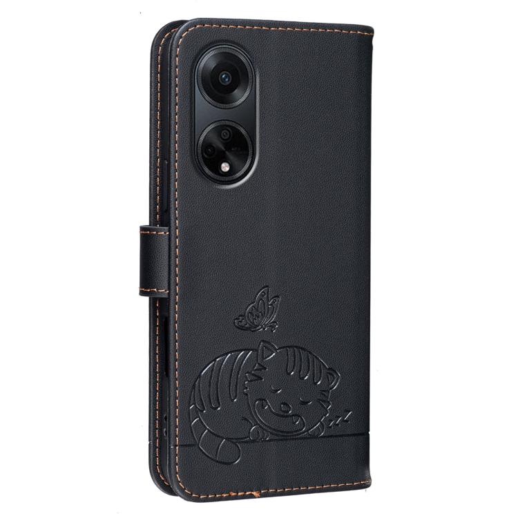 For OPPO A1 5G / A98 / F23 Cat Butterfly Embossed RFID Vegan Leather Phone Case with Strap