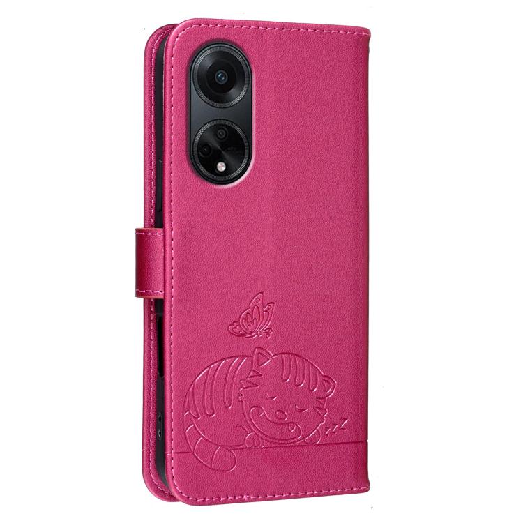 For OPPO A1 5G / A98 / F23 Cat Butterfly Embossed RFID Vegan Leather Phone Case with Strap