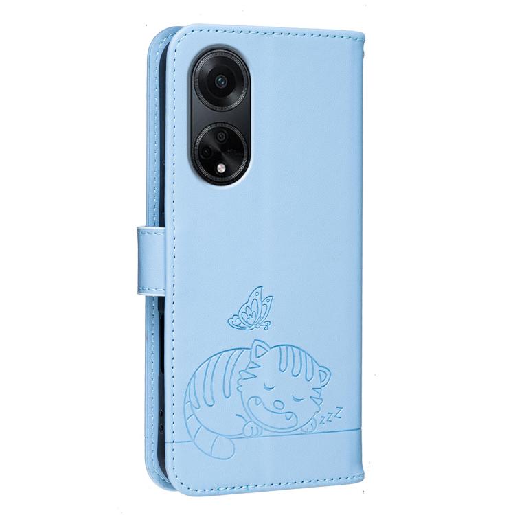 For OPPO A1 5G / A98 / F23 Cat Butterfly Embossed RFID Vegan Leather Phone Case with Strap