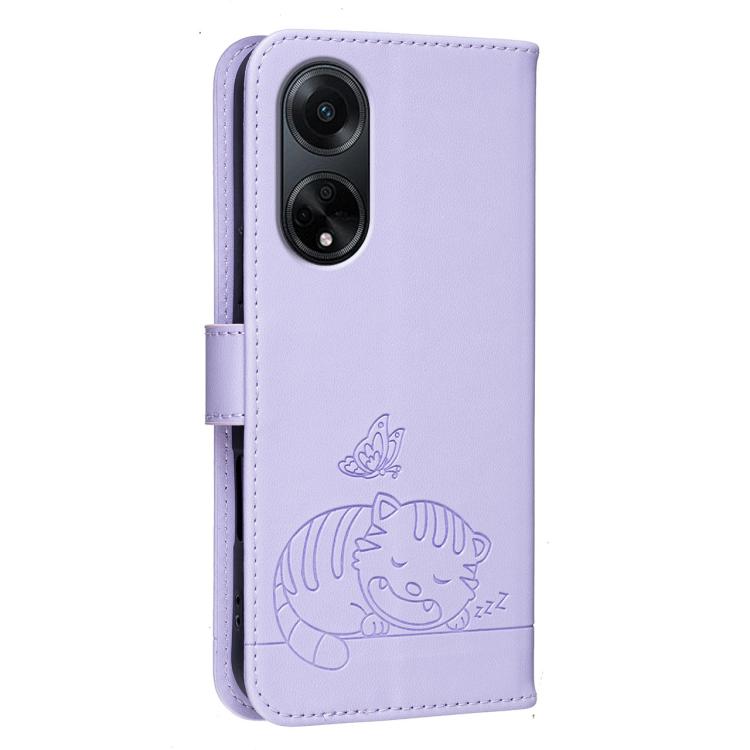 For OPPO A1 5G / A98 / F23 Cat Butterfly Embossed RFID Vegan Leather Phone Case with Strap