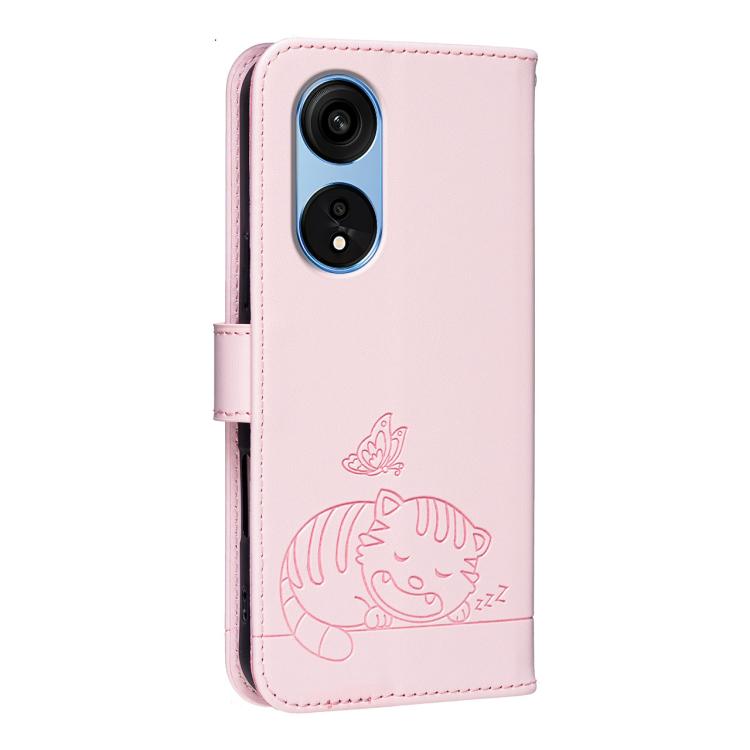 For OPPO A1 Pro / Reno8 T 5G Cat Butterfly Embossed RFID Vegan Leather Phone Case with Strap