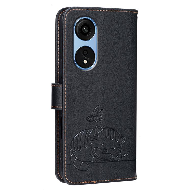 For OPPO A1 Pro / Reno8 T 5G Cat Butterfly Embossed RFID Vegan Leather Phone Case with Strap