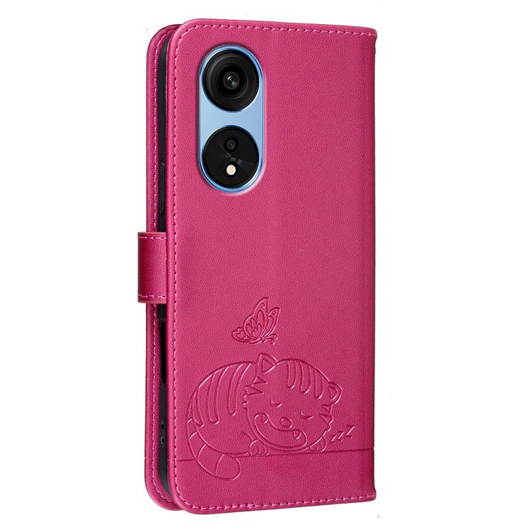 For OPPO A1 Pro / Reno8 T 5G Cat Butterfly Embossed RFID Vegan Leather Phone Case with Strap