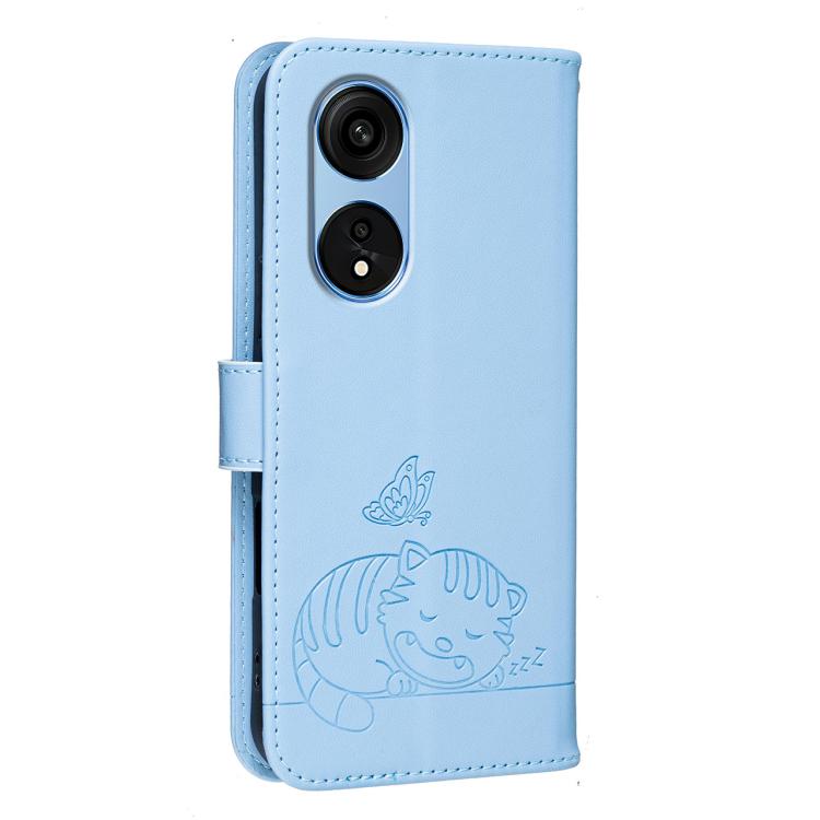 For OPPO A1 Pro / Reno8 T 5G Cat Butterfly Embossed RFID Vegan Leather Phone Case with Strap