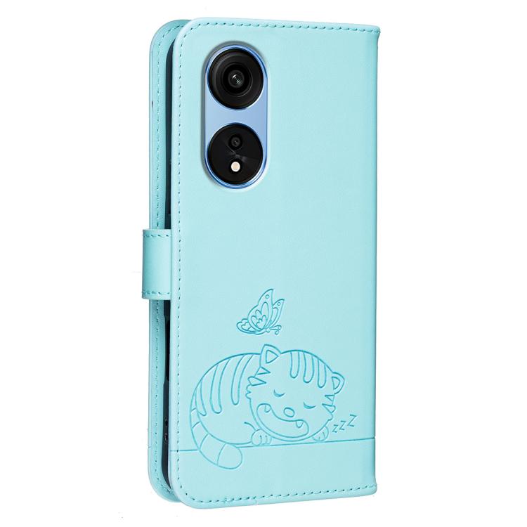 For OPPO A1 Pro / Reno8 T 5G Cat Butterfly Embossed RFID Vegan Leather Phone Case with Strap