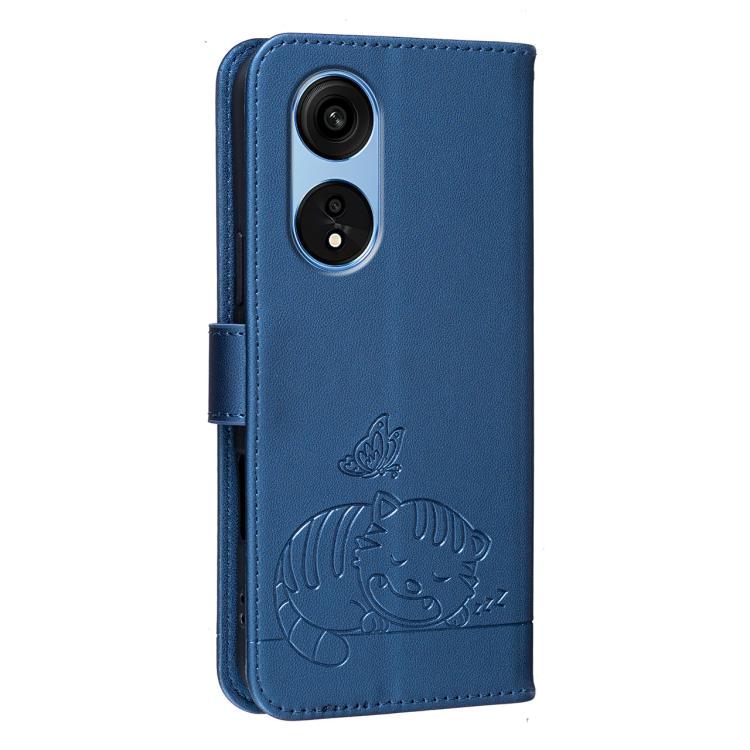 For OPPO A1 Pro / Reno8 T 5G Cat Butterfly Embossed RFID Vegan Leather Phone Case with Strap