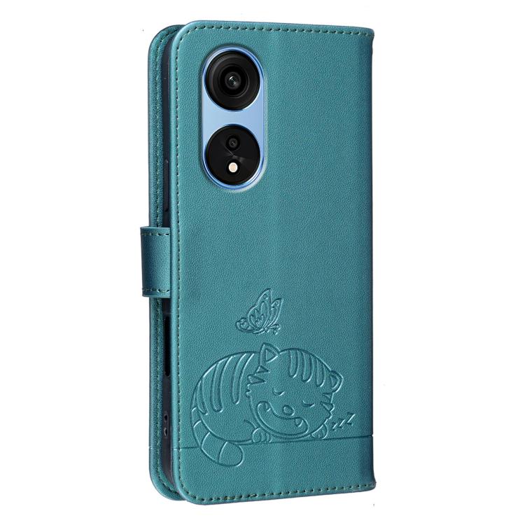 For OPPO A1 Pro / Reno8 T 5G Cat Butterfly Embossed RFID Vegan Leather Phone Case with Strap