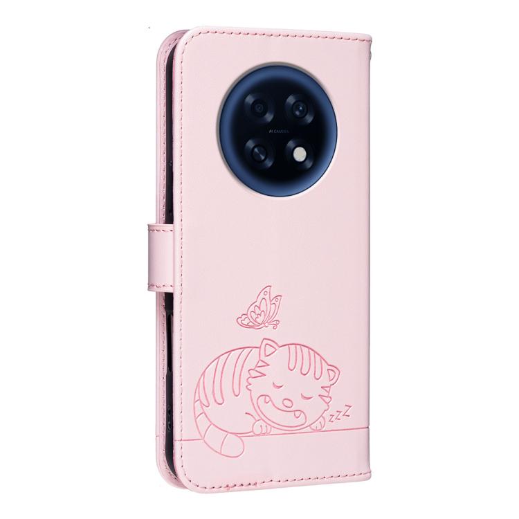 For OPPO A6 GT 5G / F31 Pro+ 5G Cat Butterfly Embossed RFID Vegan Leather Phone Case with Strap