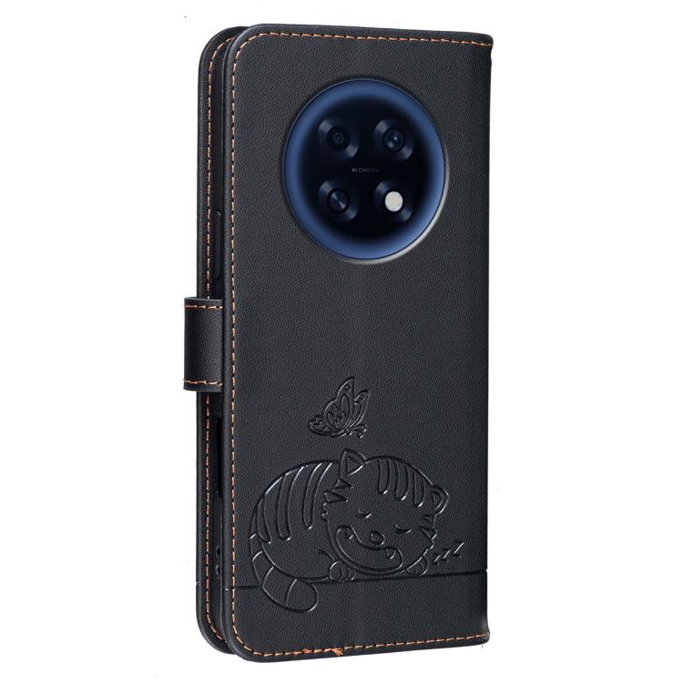 For OPPO A6 GT 5G / F31 Pro+ 5G Cat Butterfly Embossed RFID Vegan Leather Phone Case with Strap