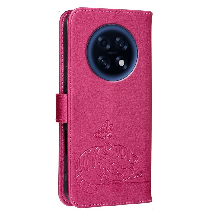 For OPPO A6 GT 5G / F31 Pro+ 5G Cat Butterfly Embossed RFID Vegan Leather Phone Case with Strap