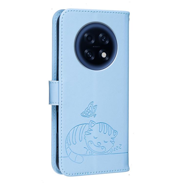 For OPPO A6 GT 5G / F31 Pro+ 5G Cat Butterfly Embossed RFID Vegan Leather Phone Case with Strap