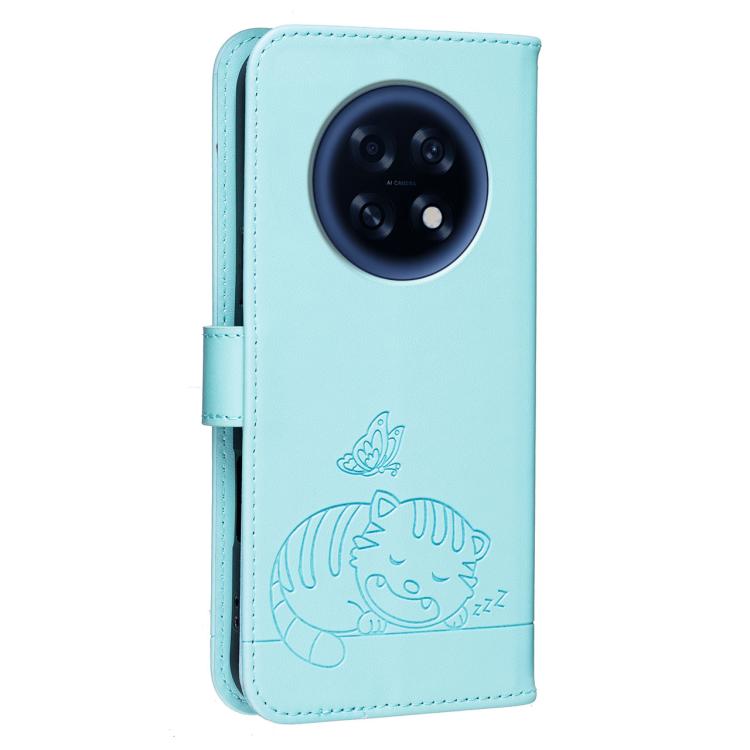 For OPPO A6 GT 5G / F31 Pro+ 5G Cat Butterfly Embossed RFID Vegan Leather Phone Case with Strap