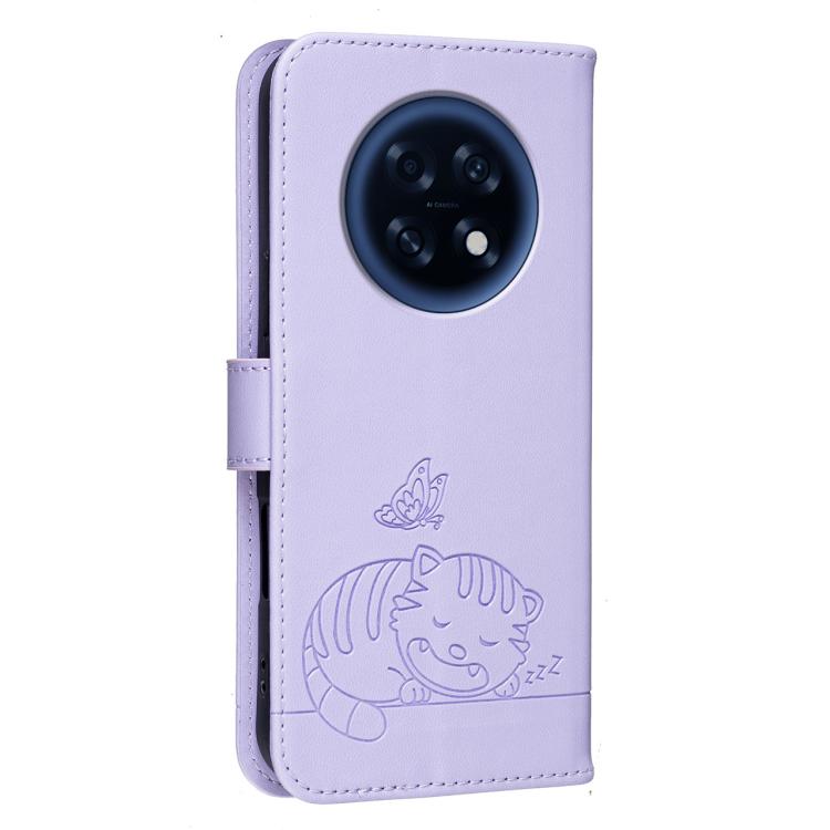 For OPPO A6 GT 5G / F31 Pro+ 5G Cat Butterfly Embossed RFID Vegan Leather Phone Case with Strap