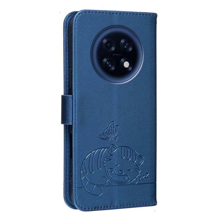 For OPPO A6 GT 5G / F31 Pro+ 5G Cat Butterfly Embossed RFID Vegan Leather Phone Case with Strap