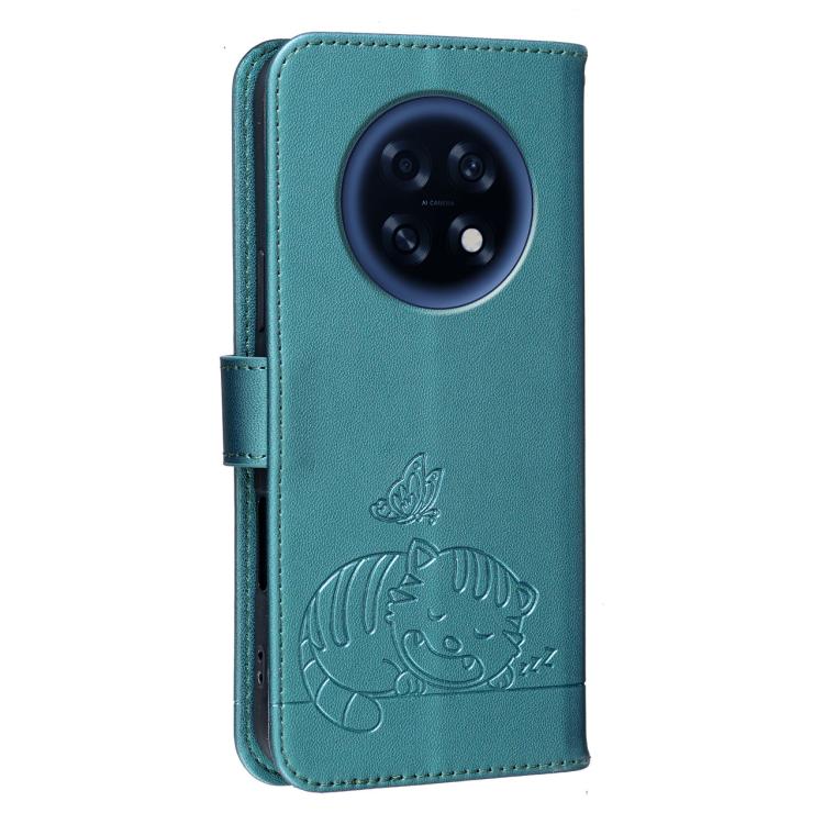 For OPPO A6 GT 5G / F31 Pro+ 5G Cat Butterfly Embossed RFID Vegan Leather Phone Case with Strap