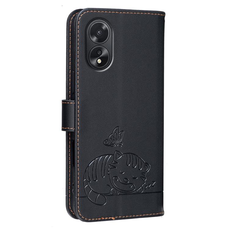 For OPPO A18 4G / A38 4G Cat Butterfly Embossed RFID Vegan Leather Phone Case with Strap