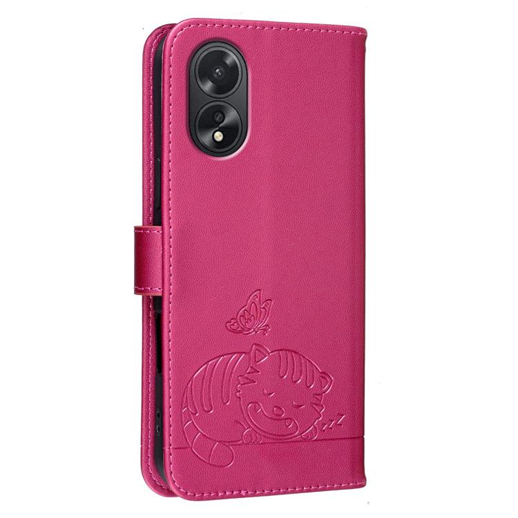 For OPPO A18 4G / A38 4G Cat Butterfly Embossed RFID Vegan Leather Phone Case with Strap
