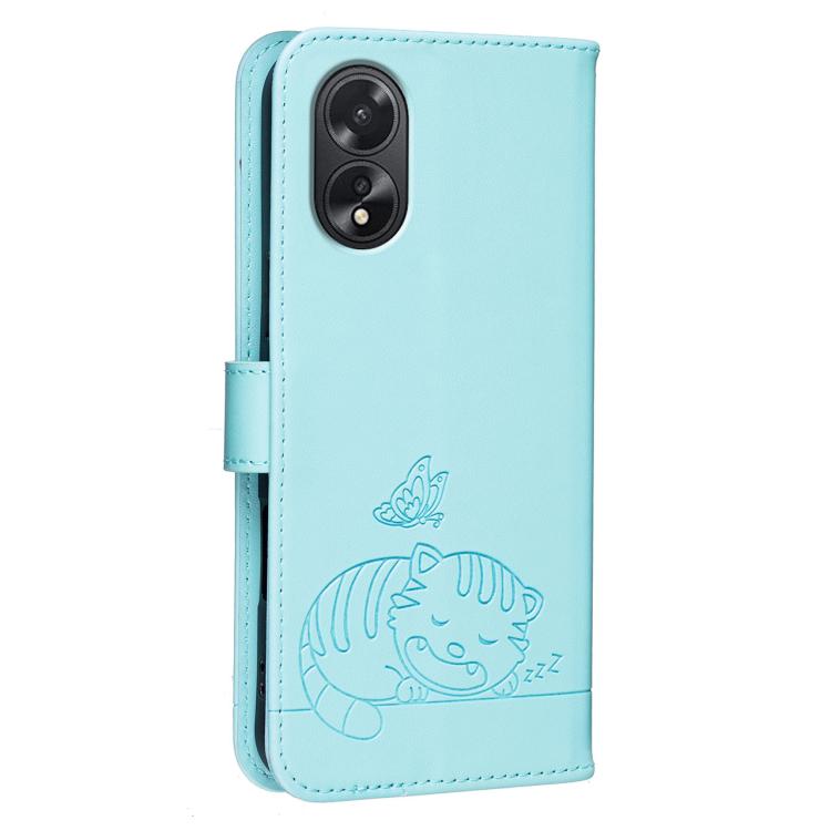 For OPPO A18 4G / A38 4G Cat Butterfly Embossed RFID Vegan Leather Phone Case with Strap