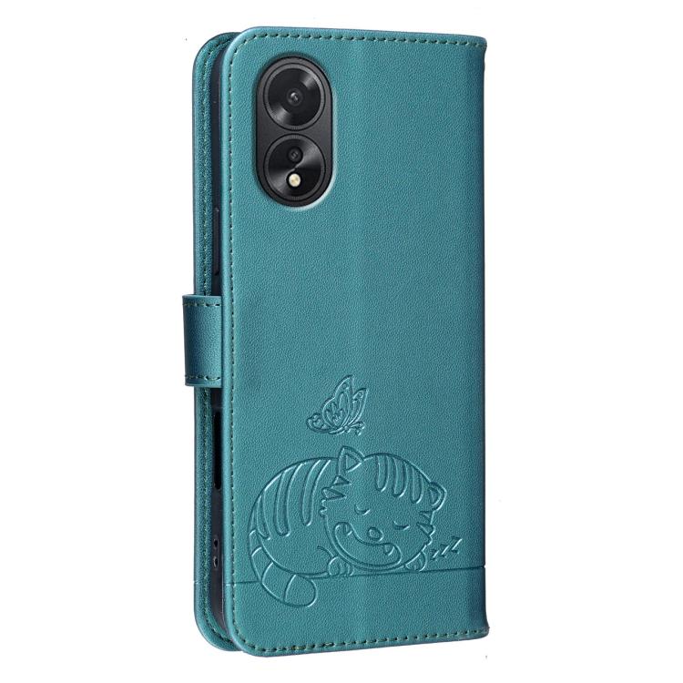 For OPPO A18 4G / A38 4G Cat Butterfly Embossed RFID Vegan Leather Phone Case with Strap