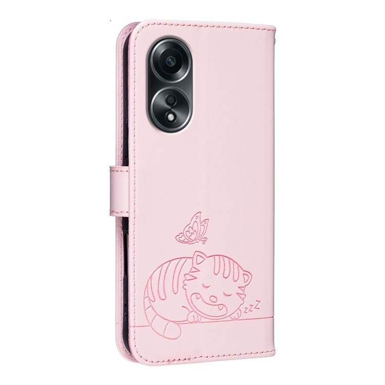 For OPPO A58 4G Global Cat Butterfly Embossed RFID Vegan Leather Phone Case with Strap