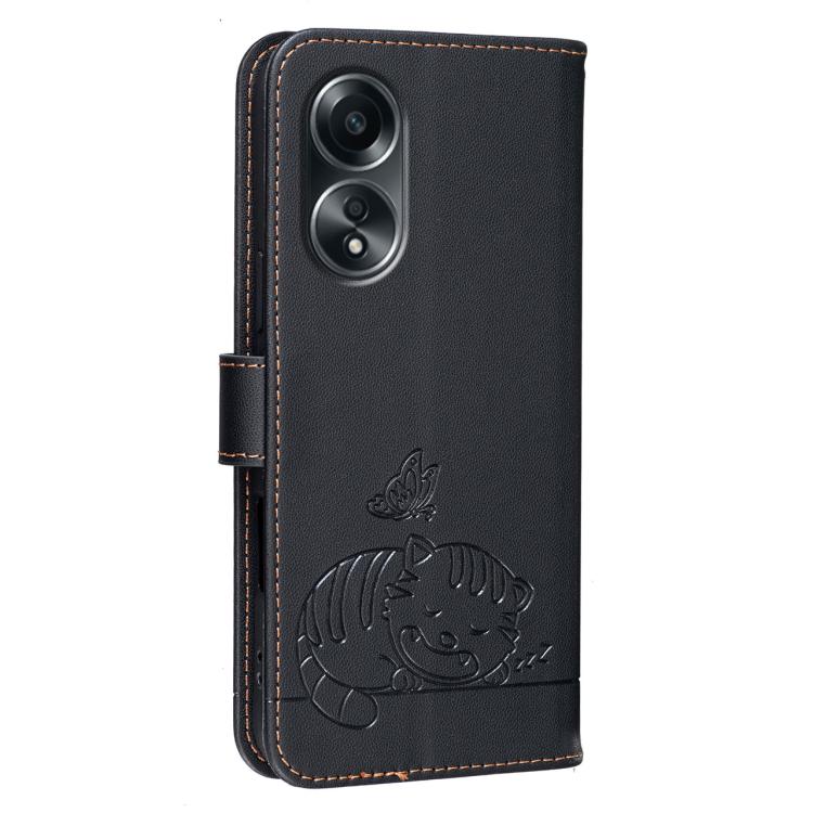 For OPPO A58 4G Global Cat Butterfly Embossed RFID Vegan Leather Phone Case with Strap