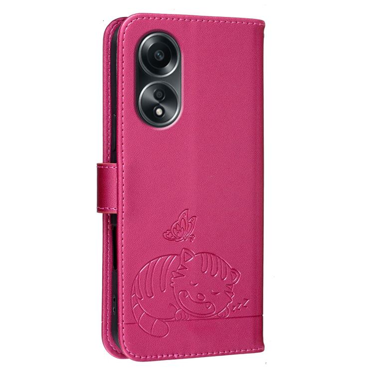 For OPPO A58 4G Global Cat Butterfly Embossed RFID Vegan Leather Phone Case with Strap