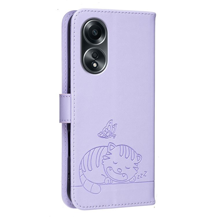 For OPPO A58 4G Global Cat Butterfly Embossed RFID Vegan Leather Phone Case with Strap