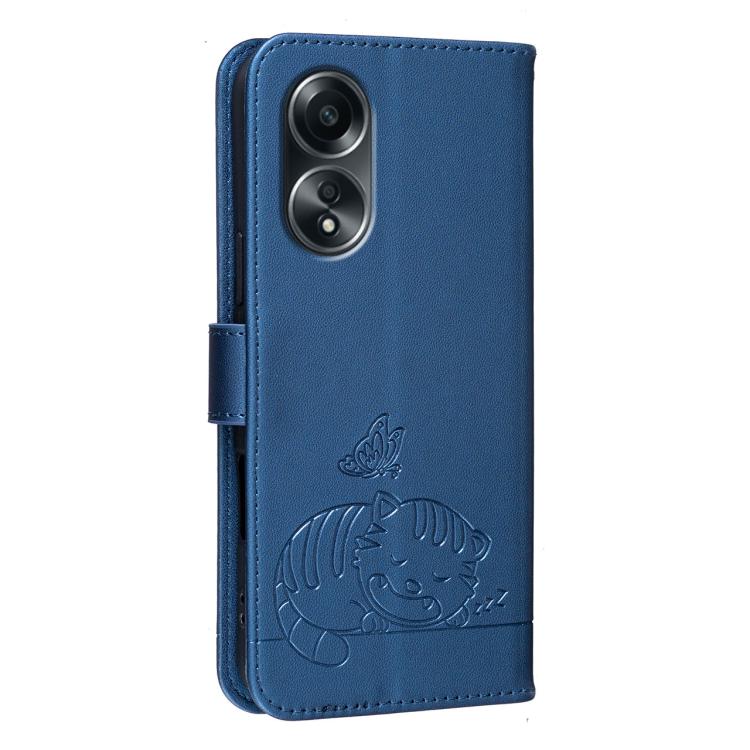 For OPPO A58 4G Global Cat Butterfly Embossed RFID Vegan Leather Phone Case with Strap