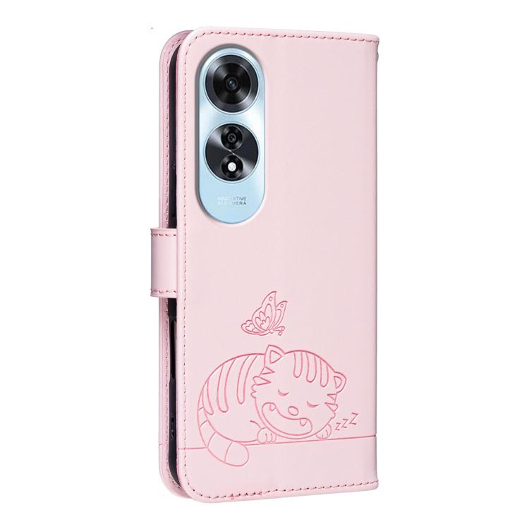 For OPPO A60 4G Cat Butterfly Embossed RFID Vegan Leather Phone Case with Strap