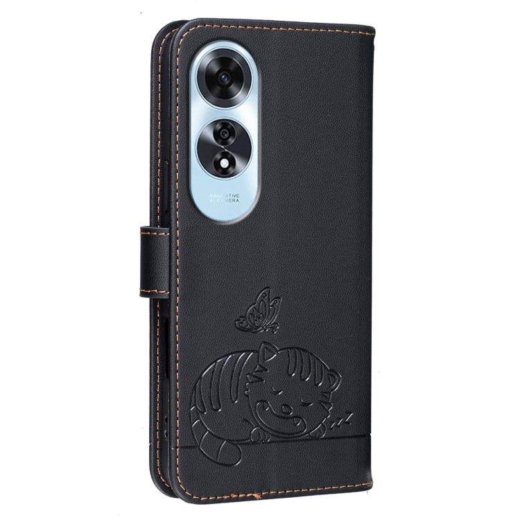 For OPPO A60 4G Cat Butterfly Embossed RFID Vegan Leather Phone Case with Strap