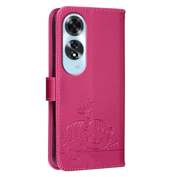 For OPPO A60 4G Cat Butterfly Embossed RFID Vegan Leather Phone Case with Strap