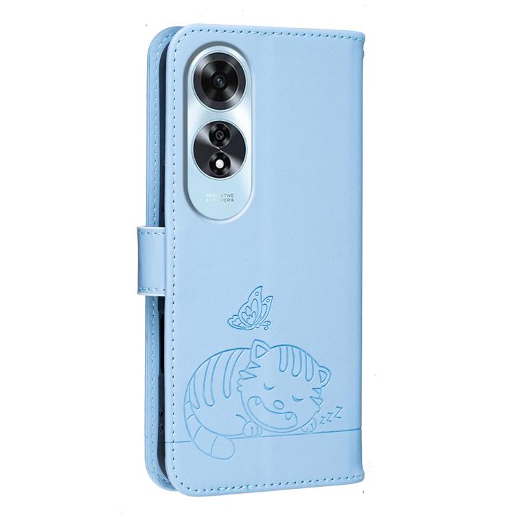 For OPPO A60 4G Cat Butterfly Embossed RFID Vegan Leather Phone Case with Strap