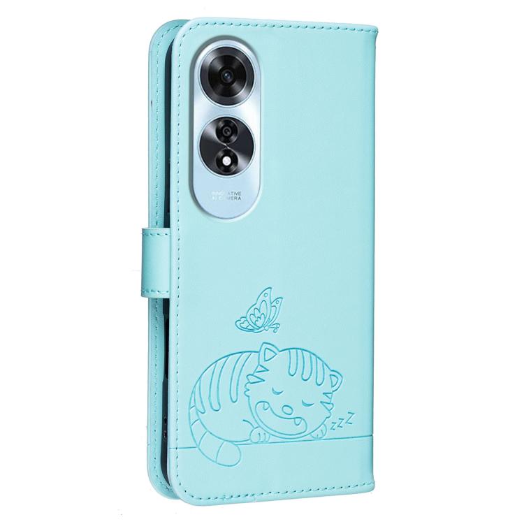 For OPPO A60 4G Cat Butterfly Embossed RFID Vegan Leather Phone Case with Strap
