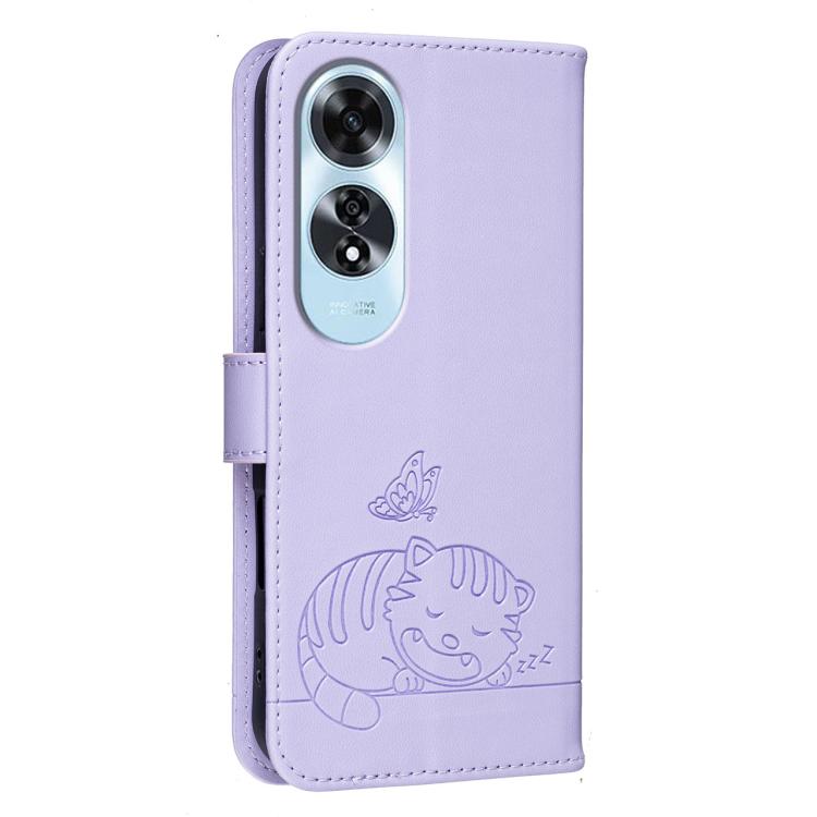For OPPO A60 4G Cat Butterfly Embossed RFID Vegan Leather Phone Case with Strap