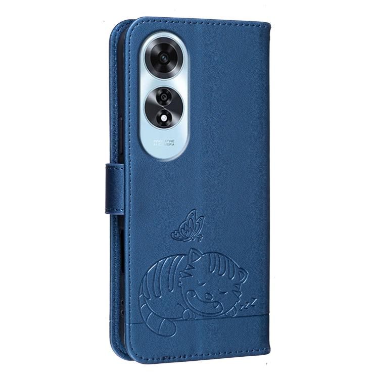 For OPPO A60 4G Cat Butterfly Embossed RFID Vegan Leather Phone Case with Strap
