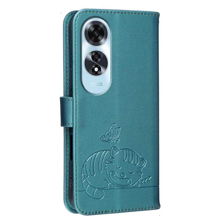 For OPPO A60 4G Cat Butterfly Embossed RFID Vegan Leather Phone Case with Strap