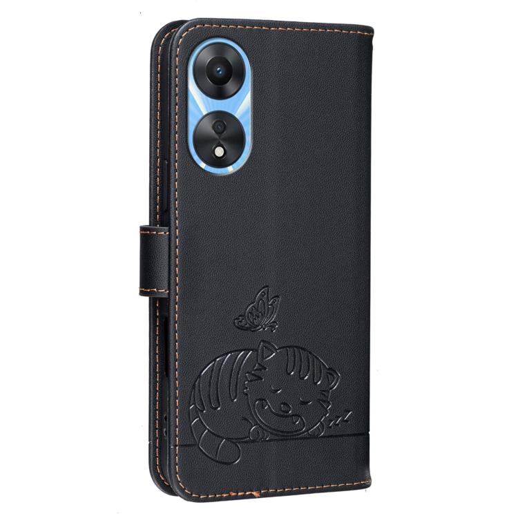 For OPPO A78 5G / A1x Cat Butterfly Embossed RFID Vegan Leather Phone Case with Strap