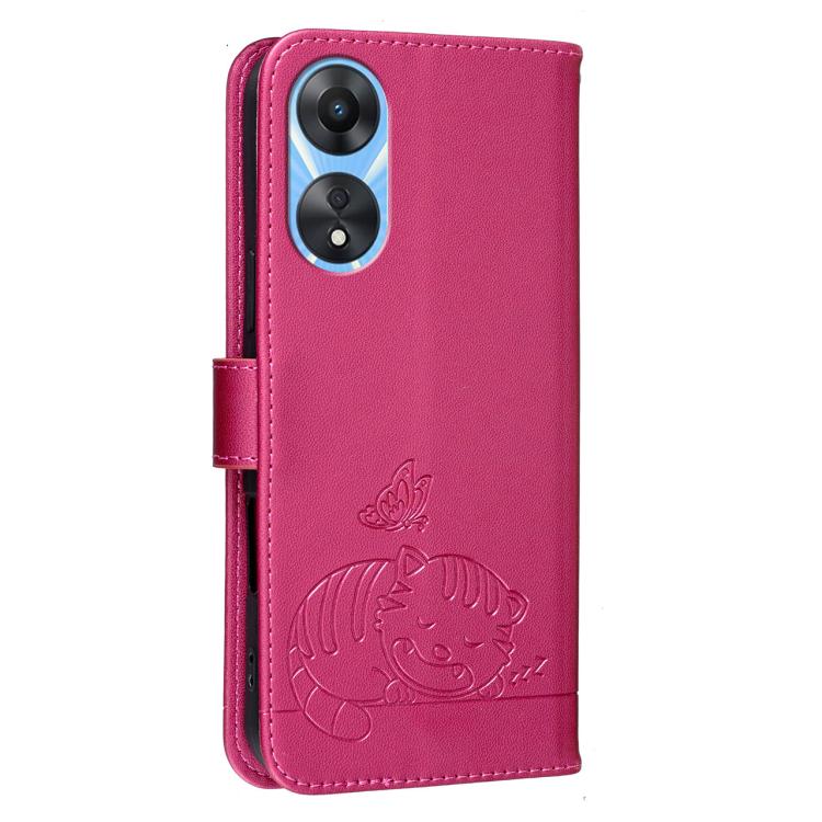 For OPPO A78 5G / A1x Cat Butterfly Embossed RFID Vegan Leather Phone Case with Strap