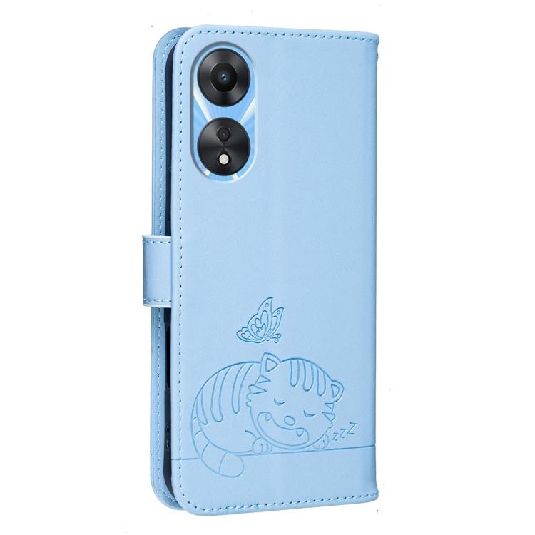 For OPPO A78 5G / A1x Cat Butterfly Embossed RFID Vegan Leather Phone Case with Strap