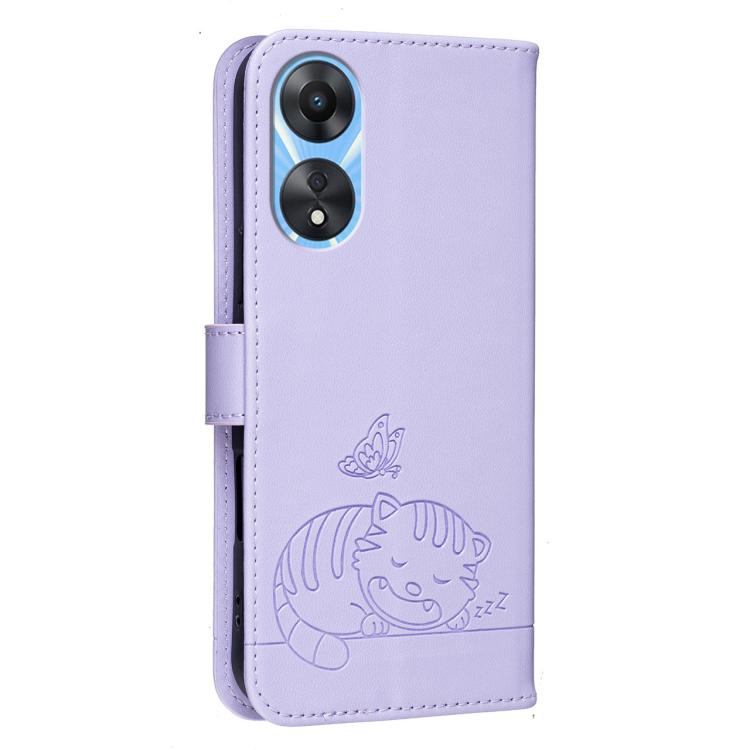 For OPPO A78 5G / A1x Cat Butterfly Embossed RFID Vegan Leather Phone Case with Strap