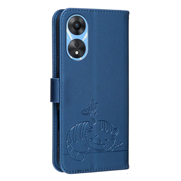 For OPPO A78 5G / A1x Cat Butterfly Embossed RFID Vegan Leather Phone Case with Strap