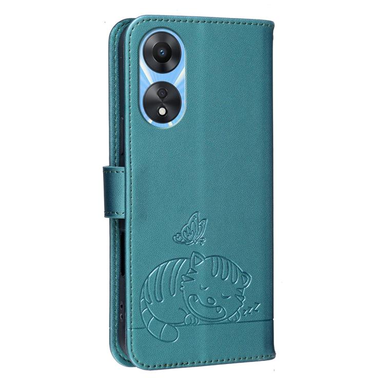 For OPPO A78 5G / A1x Cat Butterfly Embossed RFID Vegan Leather Phone Case with Strap