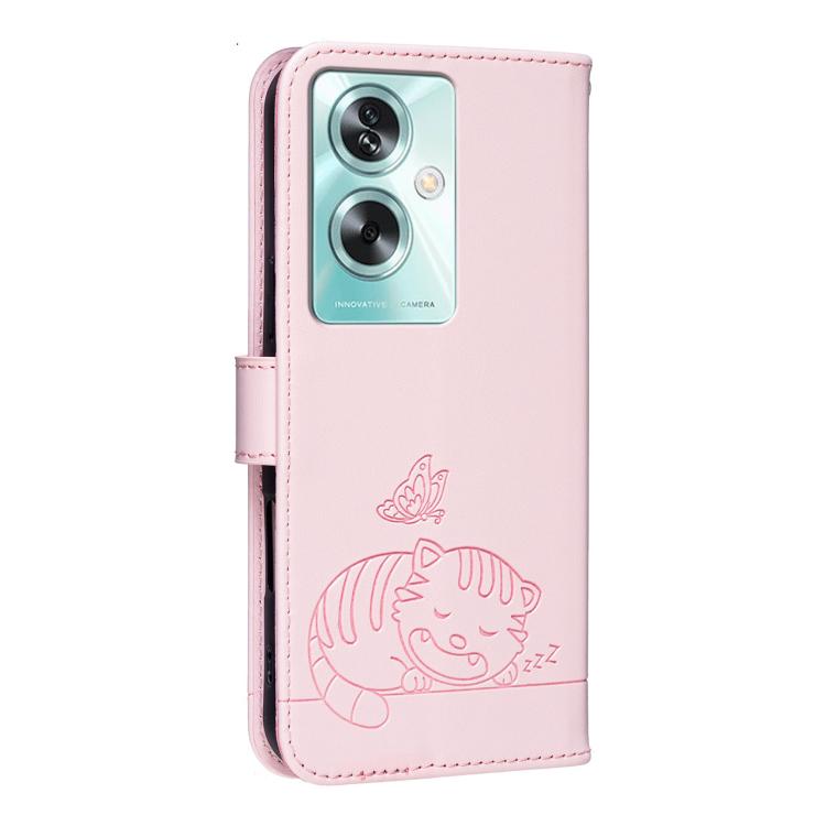 For OPPO A79 5G Global Cat Butterfly Embossed RFID Vegan Leather Phone Case with Strap