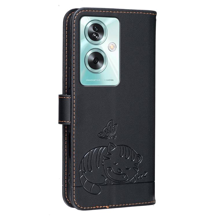 For OPPO A79 5G Global Cat Butterfly Embossed RFID Vegan Leather Phone Case with Strap
