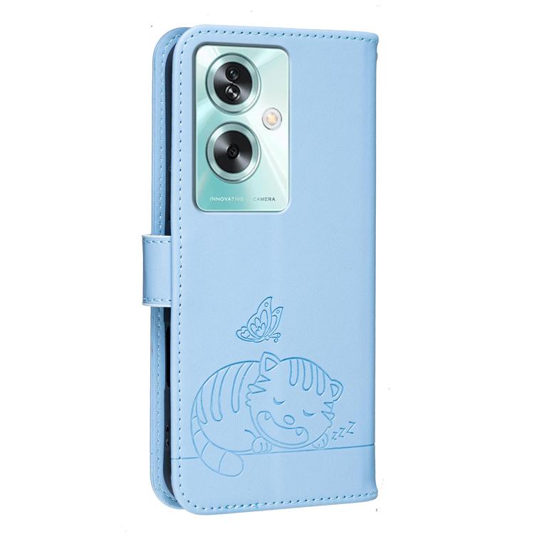 For OPPO A79 5G Global Cat Butterfly Embossed RFID Vegan Leather Phone Case with Strap