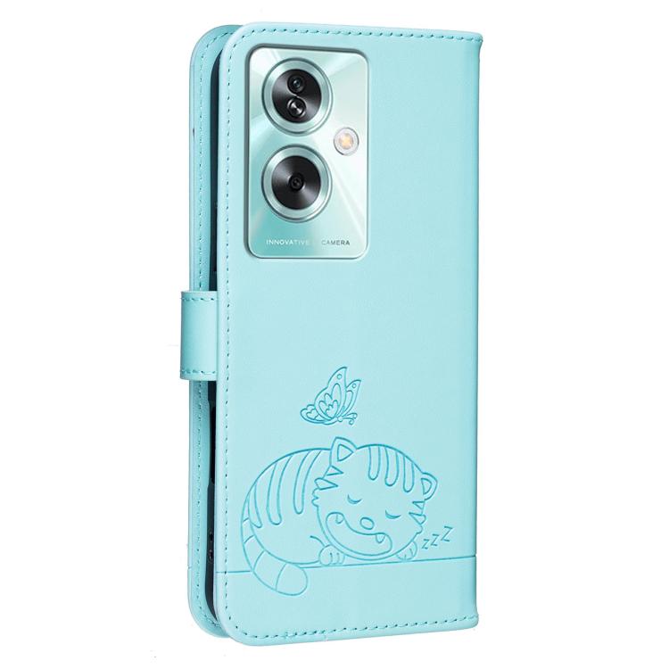 For OPPO A79 5G Global Cat Butterfly Embossed RFID Vegan Leather Phone Case with Strap