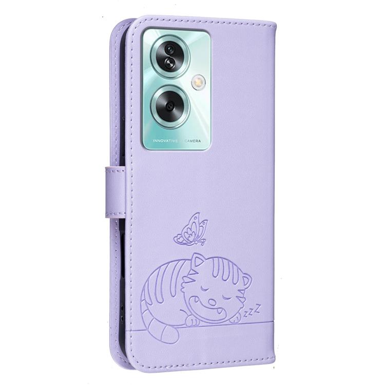 For OPPO A79 5G Global Cat Butterfly Embossed RFID Vegan Leather Phone Case with Strap